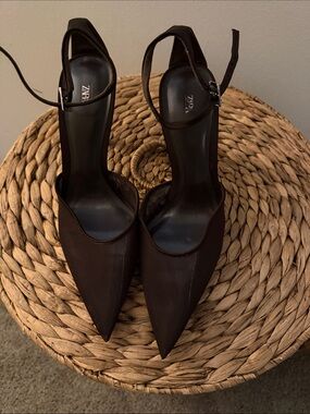 Zara Dark Brown Pointed-Toe Ankle-Strap Heels